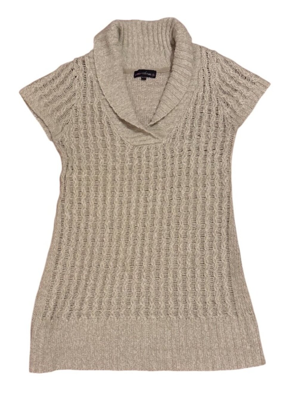Candy Couture Tunic Sweater Womens XL Short Sleeve Cable Knit Beige Cowl Neck